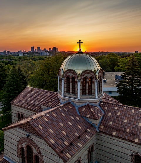 Chapel with sunsetting right on the dome, School Grounds, and Boston 2-1